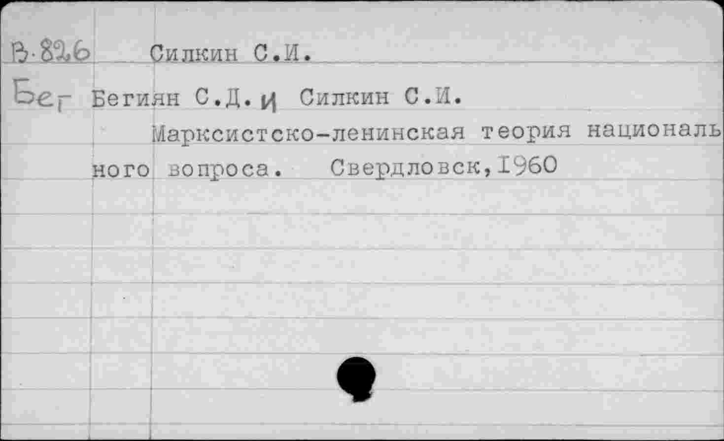 ﻿■Вь. 82^?.	с и лк ин С. И.
Бегиян С.Д. (4 Силкин С.И.
Марксистско-ленинская теория националь кого вопроса. Свердловск,1960